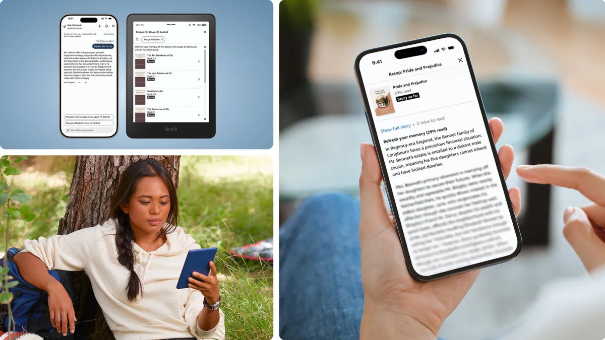 A Kindle e-reader displays the Story So Far feature that summarizes recent reading progress.