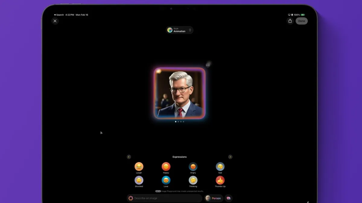 The screenshot displays the Image Playground interface with a photorealistic AI generated photo and text prompt field in i...