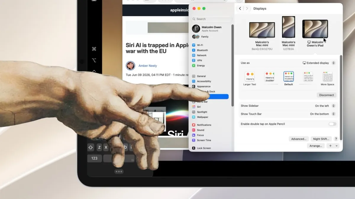 iPad displaying direct finger touch interaction with the Mac desktop via Sidecar in macOS 27