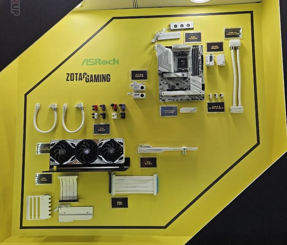Modular power supply cables and customizable lighting accessories are displayed for PC builders.