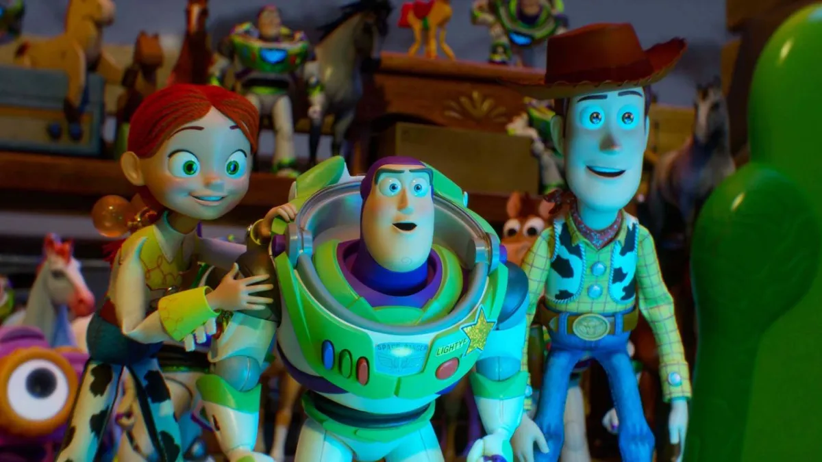 This promotional artwork highlights Jessie as the lead protagonist in Toy Story 5 alongside franchise history.