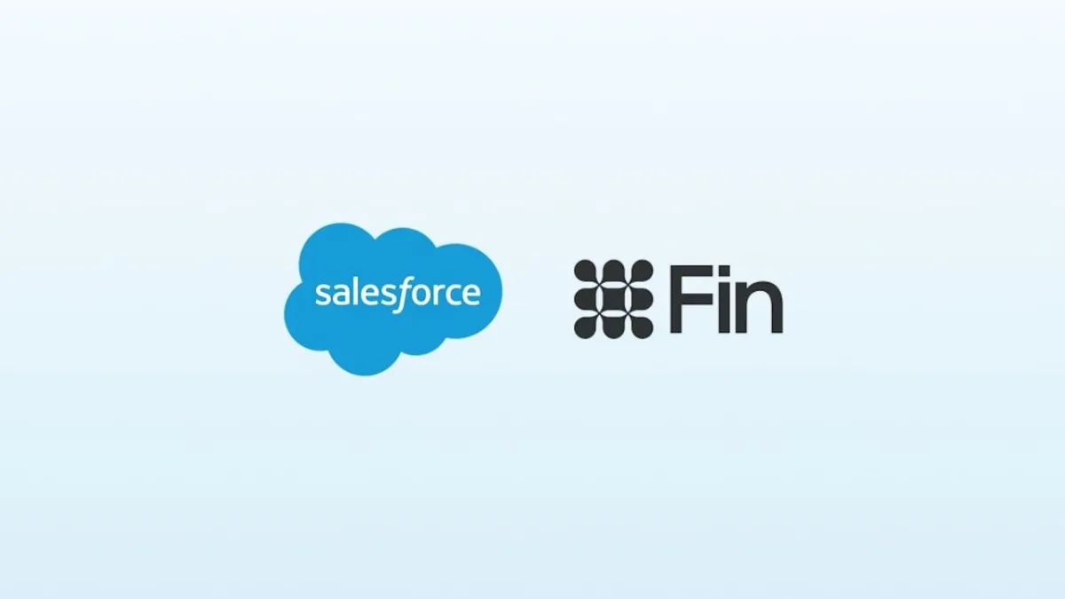 Corporate acquisition announcement featuring Salesforce and Fin branding for AI customer service