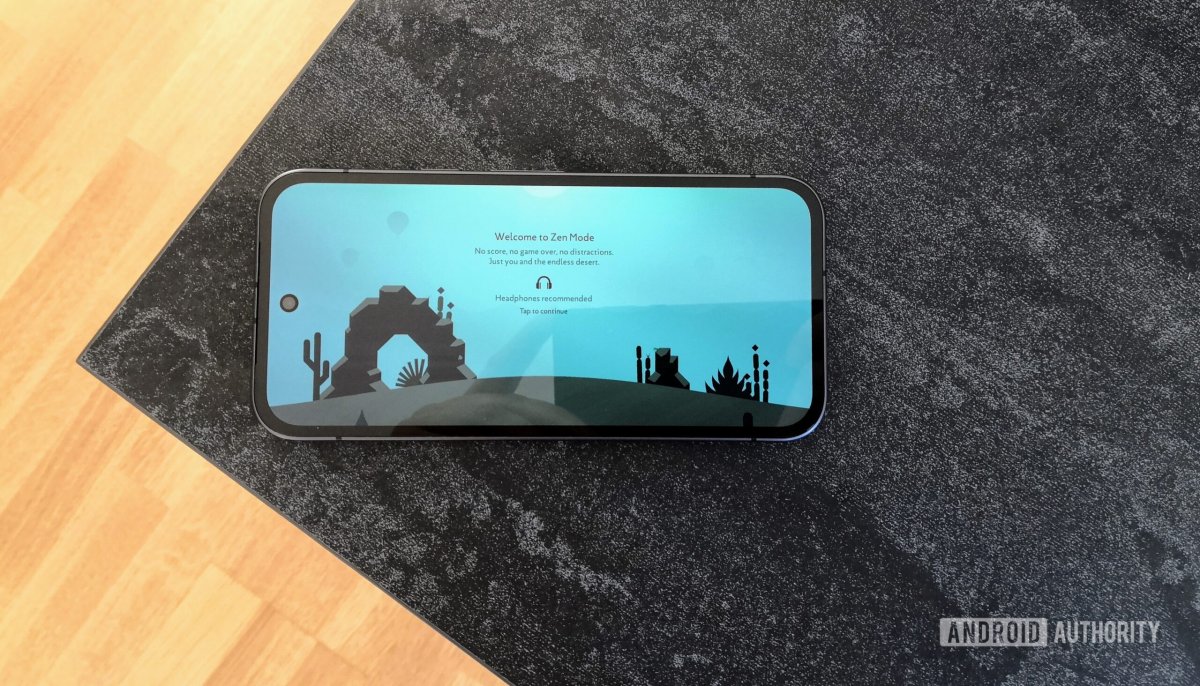 The image displays a minimalist mobile game interface featuring simple controls and serene visuals.