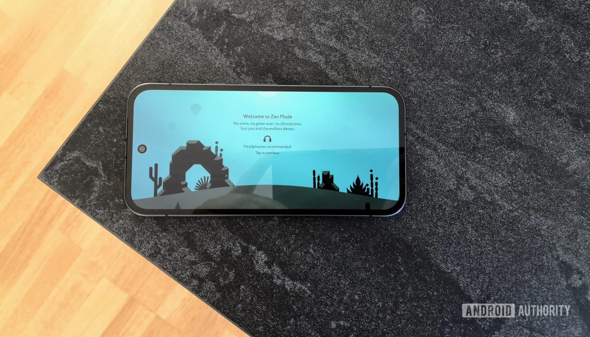 The image displays a minimalist mobile game interface featuring simple controls and serene visuals.