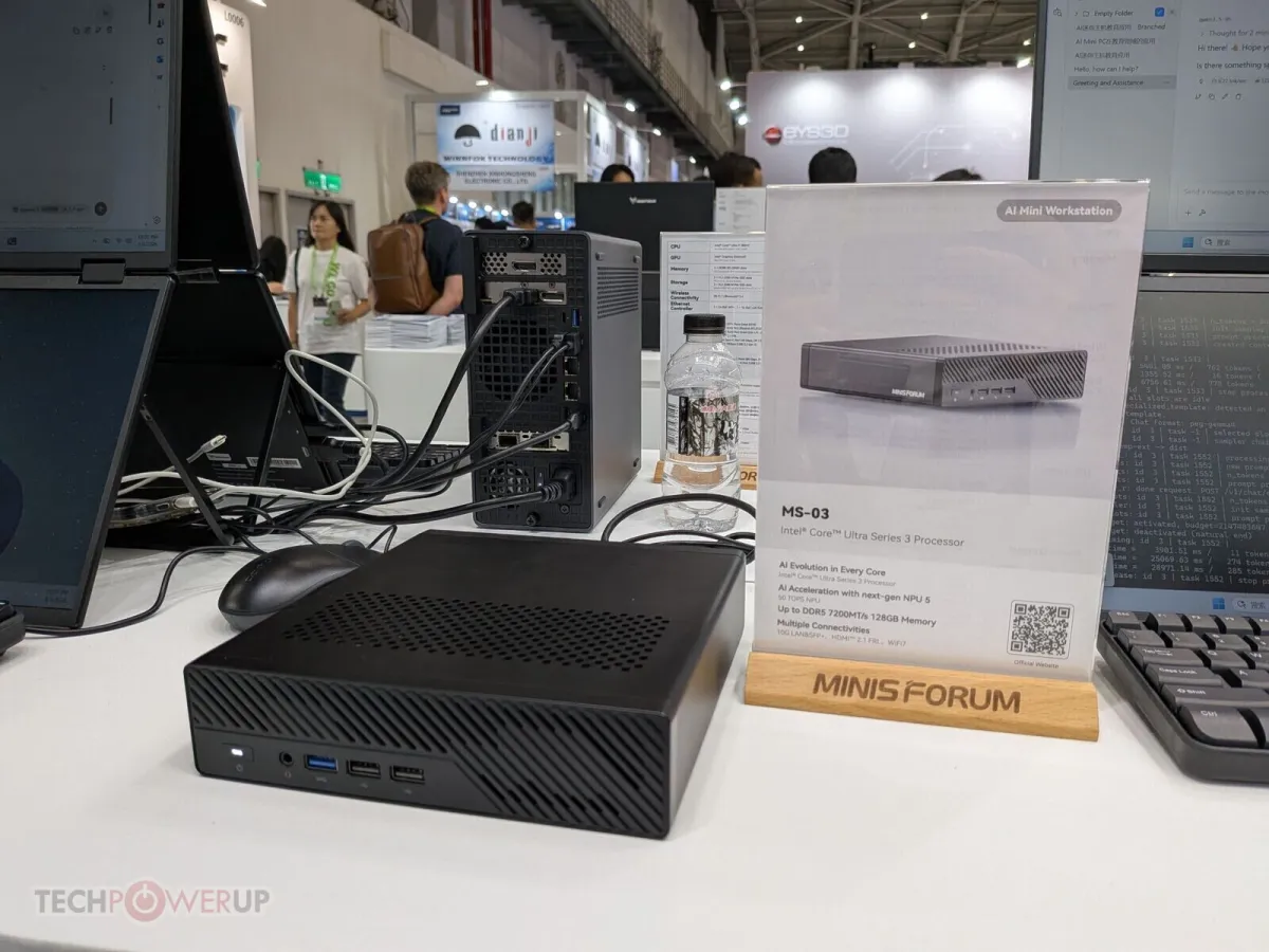 Minisforum mini PCs, NAS enclosures, and M.2 NVMe storage modules displayed at Computex 2026.
