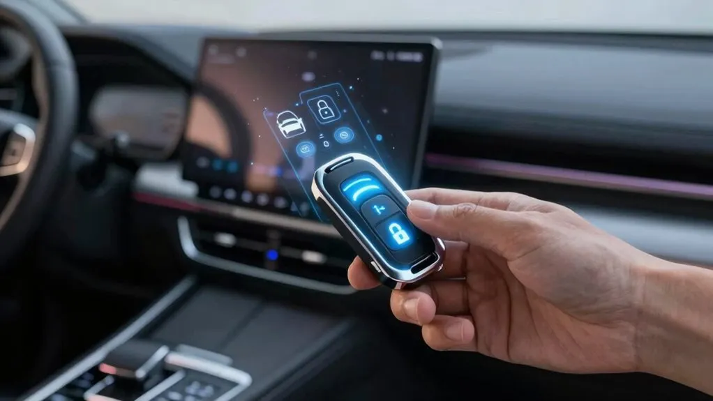 A smartphone displays a digital car key interface replacing traditional metal fobs.