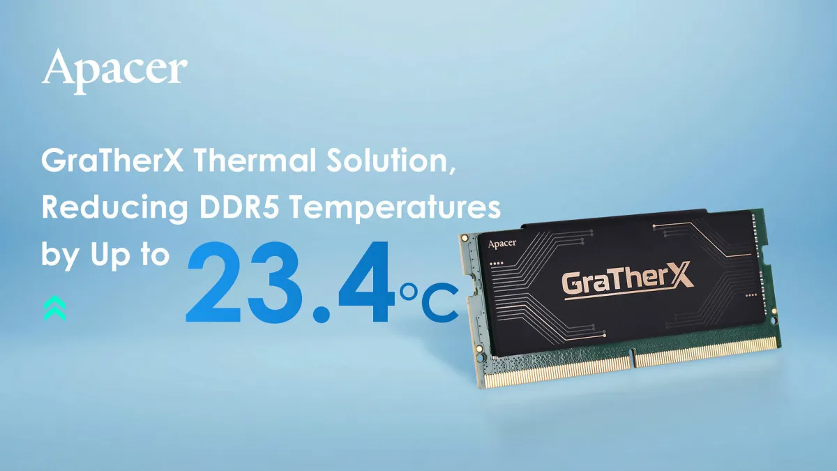 Apacer GraTherX thermal cooling module attached to a DDR5 memory module.