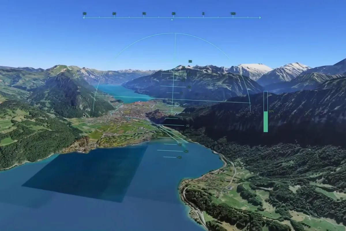 Google Earth Flight Simulator running in a web browser with virtual controls and a global map view visible.