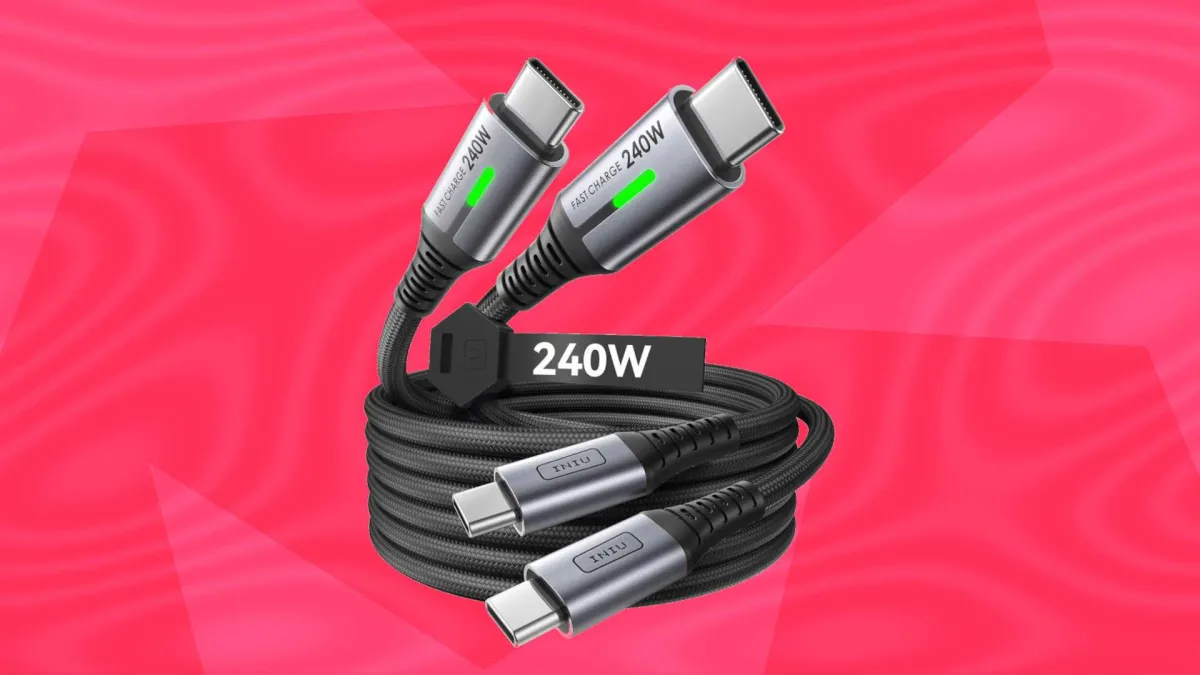 Two black Iniu 240W USB-C cables rest on a flat surface.
