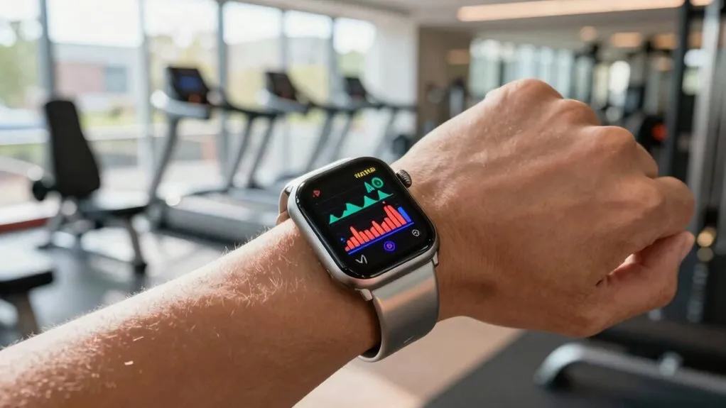 A person wears a fitness smartwatch on their wrist while viewing real-time health metrics on the digital display.