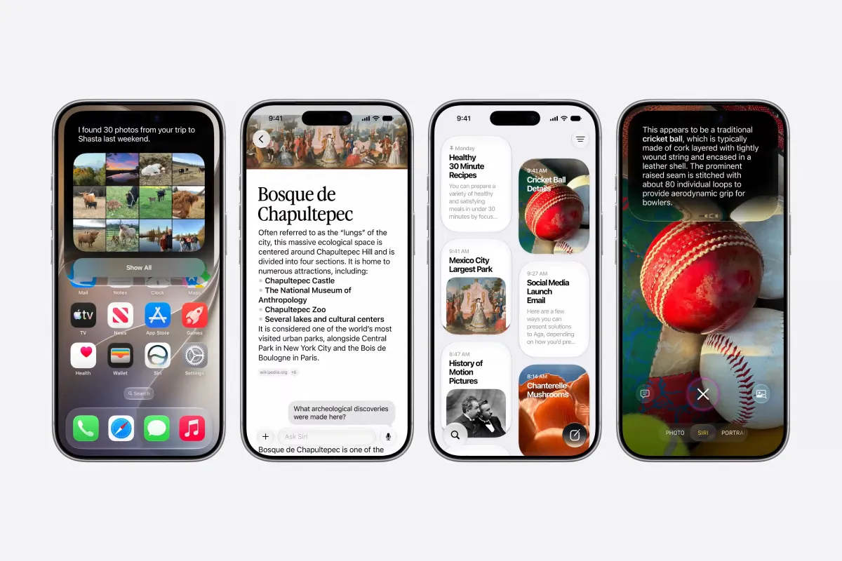 This graphic shows the Apple Siri AI update interface with details on voice assistant features and latency metrics.