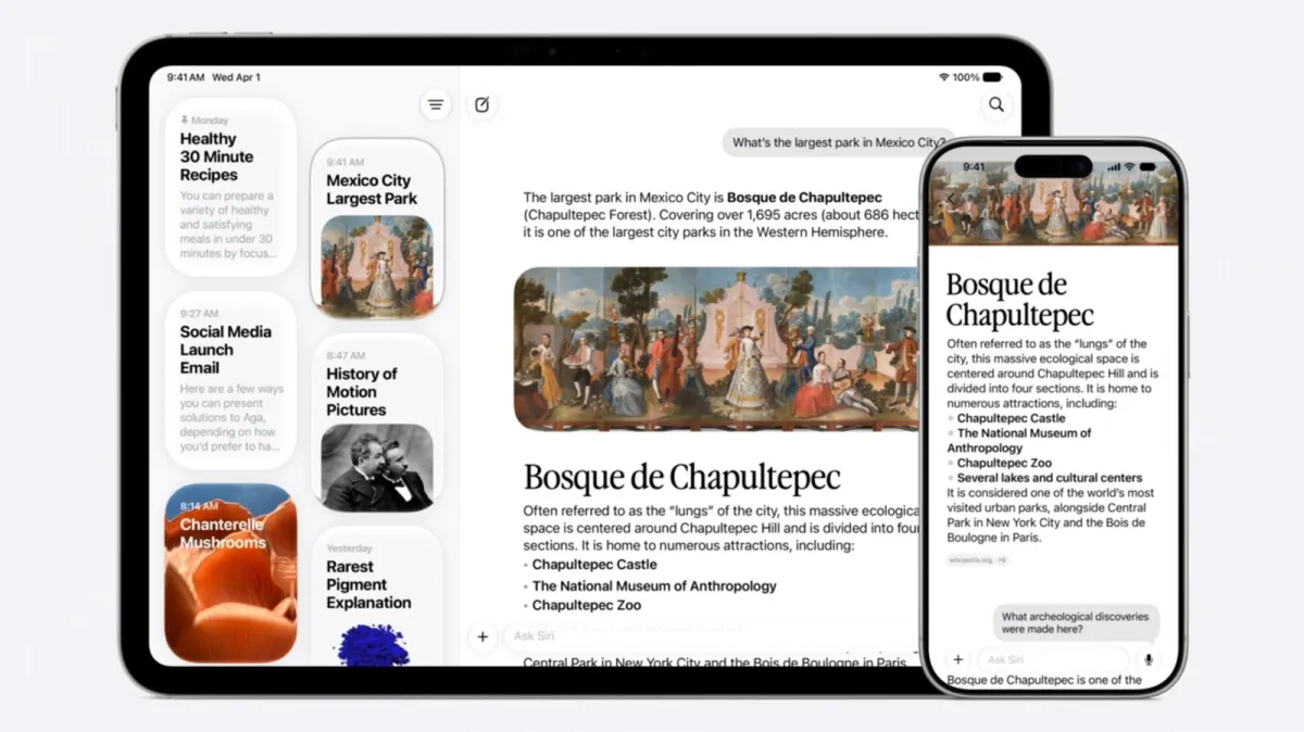 The updated Siri app interface displays multimodal AI capabilities and Gemini integration across Apple platforms.