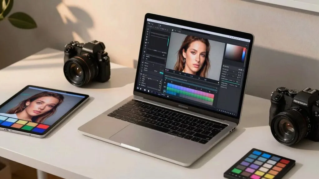 A computer screen displays automated photo editing software processing a digital image.