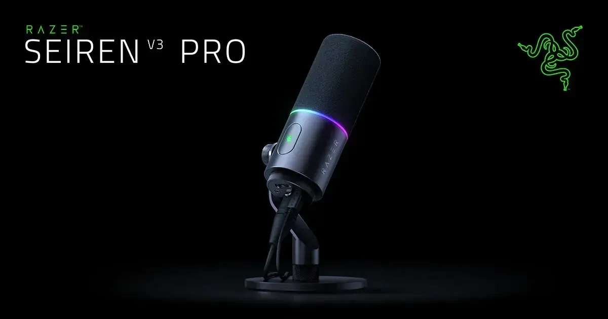 The Razer Seiren V3 Pro dynamic microphone features a prominent control dial and XLR connector.