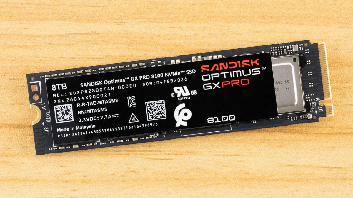 The SanDisk Optimus GX Pro 8100 8TB M.2 drive shows its double-sided printed circuit board layout.