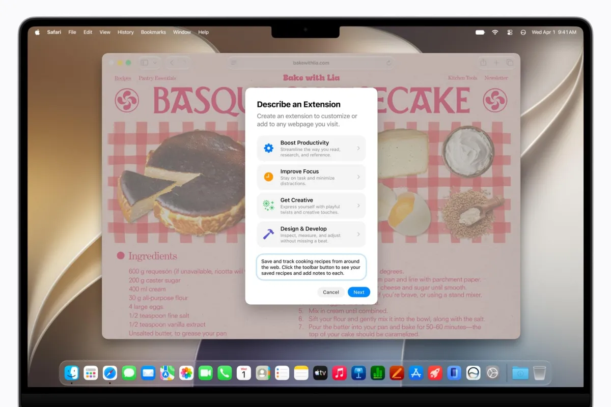 The Safari browser interface displays AI-powered extension generation tools alongside a natural language prompt input field.