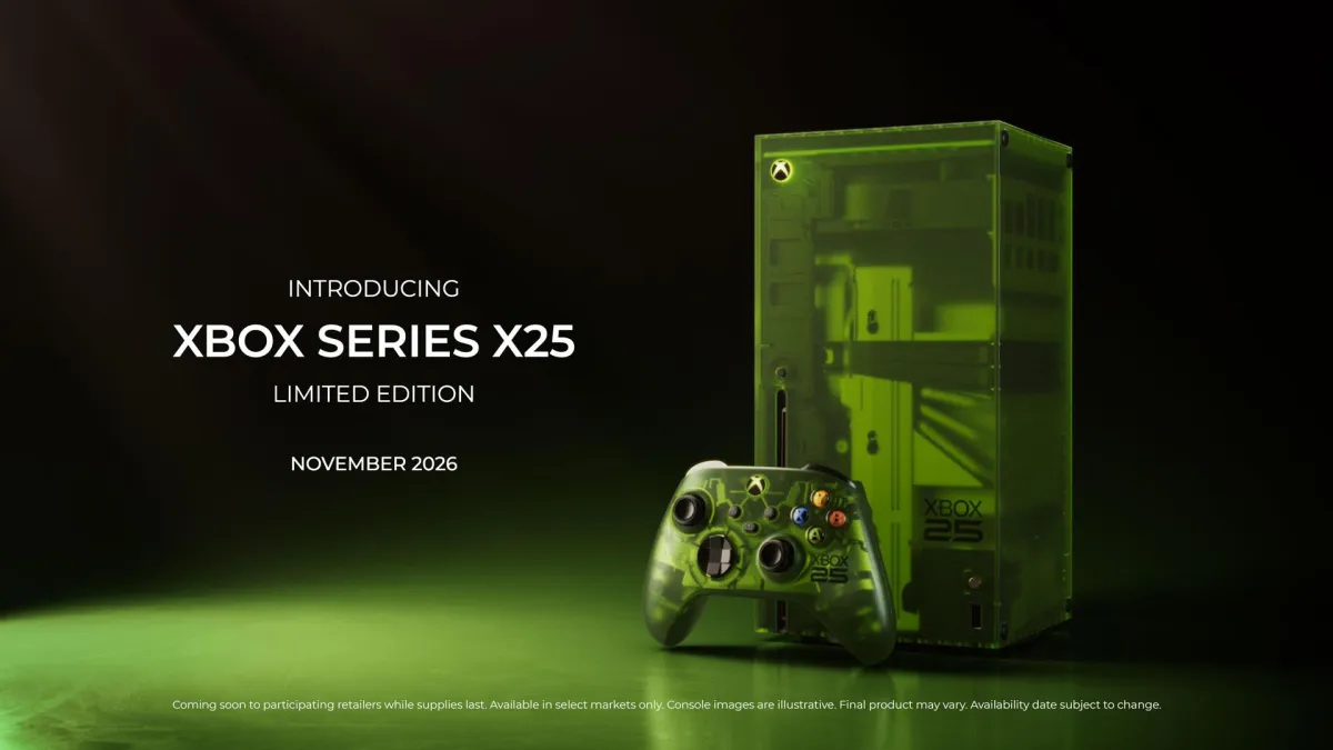 The translucent green Xbox Series X25 console and controller feature illuminated branding and transparent casing details.