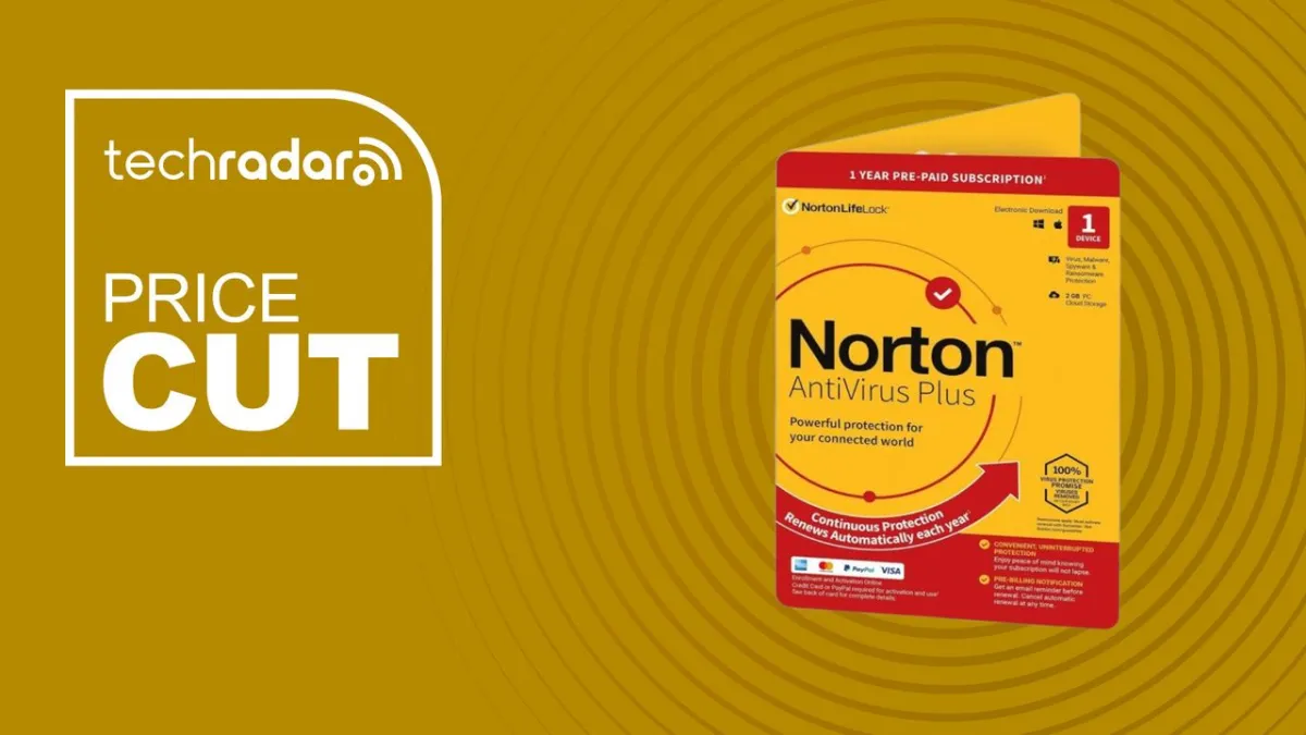 The Norton Antivirus Plus dashboard displays active threat protection and system scan progress.