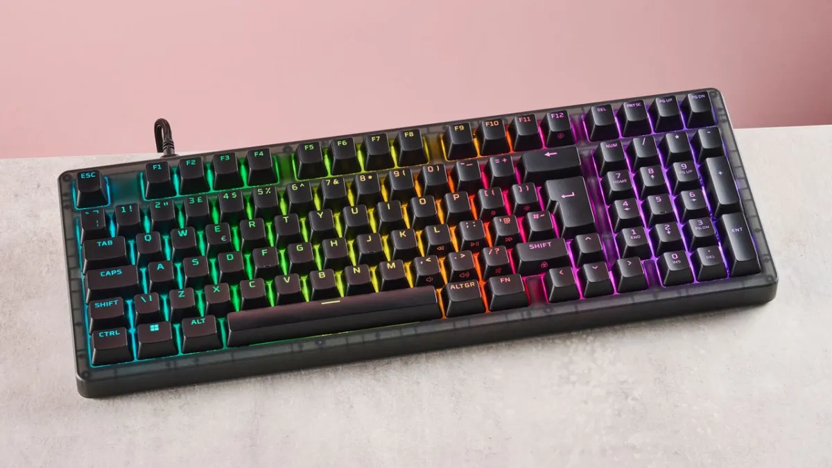 The HyperX Origins 2 1800 mechanical keyboard features a translucent chassis and a standard key layout.