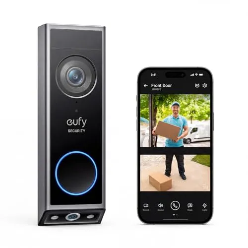 A modern video doorbell mounted on a front door frame, showing its camera lens and motion sensor.