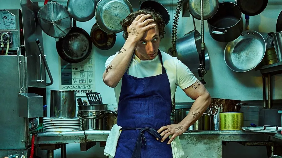 Promotional still from The Bear season five trailer depicting the kitchen team navigating leadership transitions.