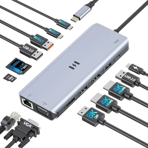 This workspace layout displays USB-C hubs, wireless display adapters, and direct cable routing for laptop connectivity.