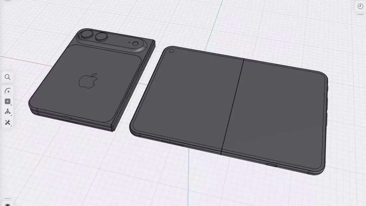 Conceptual rendering illustrating the rumored design and display layout for Apple's first folding iPhone