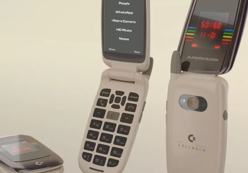 Front view of the closed Commodore Callback 8020 flip phone displaying its external screen and physical keypad.