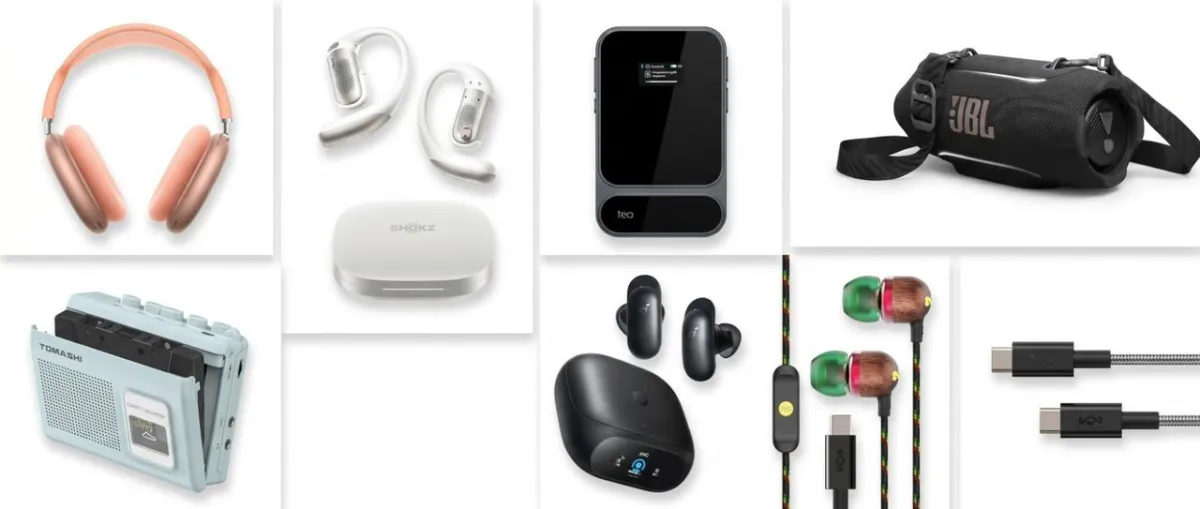A collection of premium audio gear including headphones, speakers, and amplifiers sits on a display table.