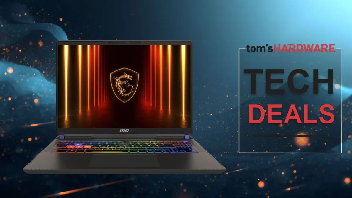 A gaming laptop equipped with an RTX 5070 Ti GPU rests on a retail display table.