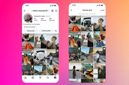 The mobile interface displays the Instagram profile grid with draggable posts for manual reordering.