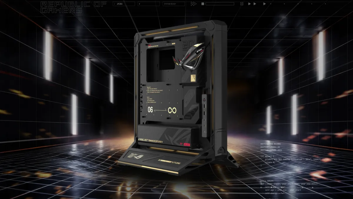 Asus ROG GR20 Edition 20 vertical open-air desktop case featuring adjustable legs and rear-mounted power supply.