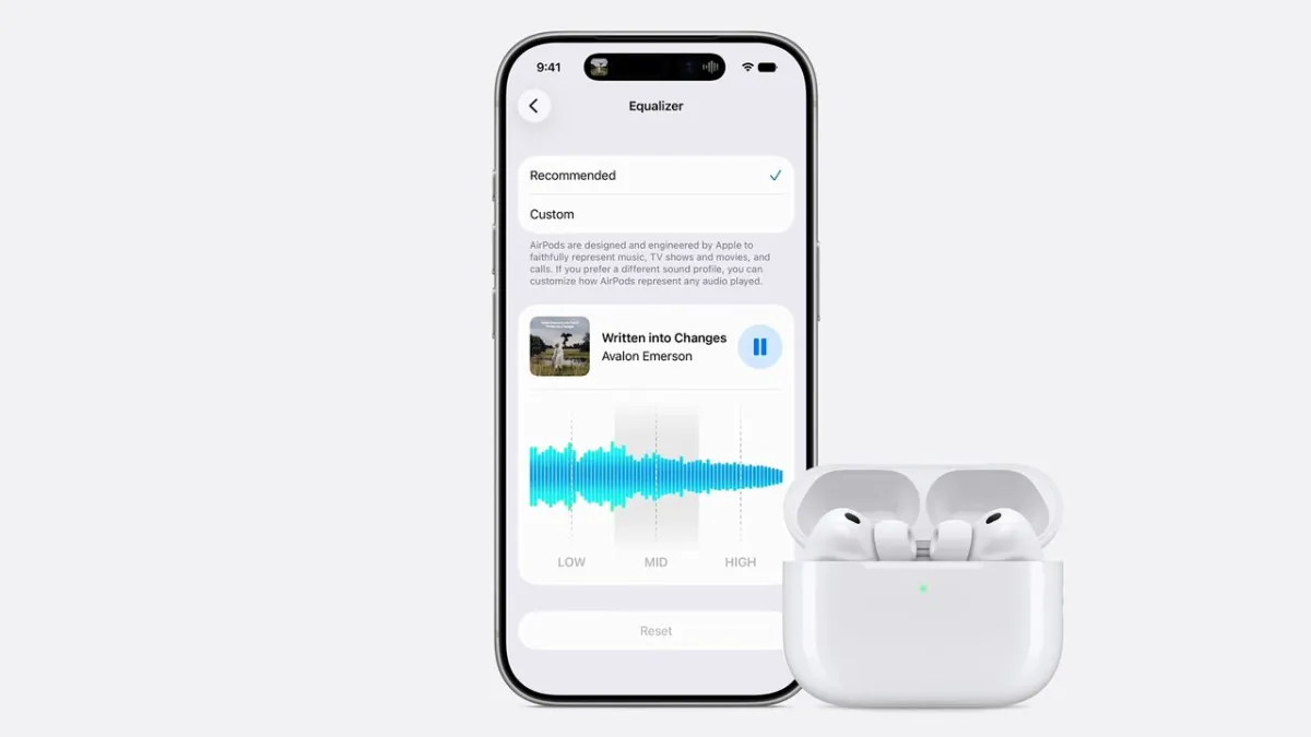 The iOS 27 settings screen displays the new custom equalizer interface for AirPods alongside a live waveform preview.