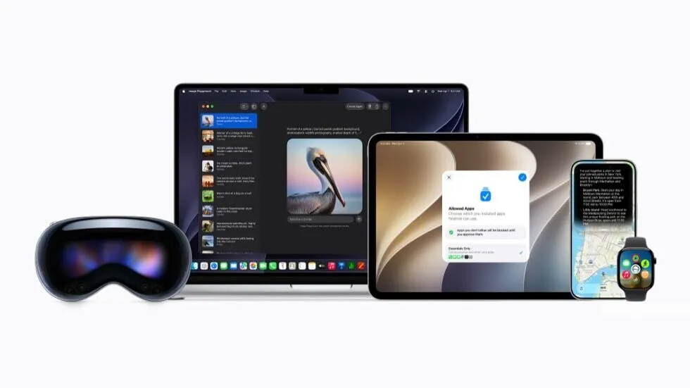 The Apple Intelligence framework interface displays Siri integration and system connectivity features.
