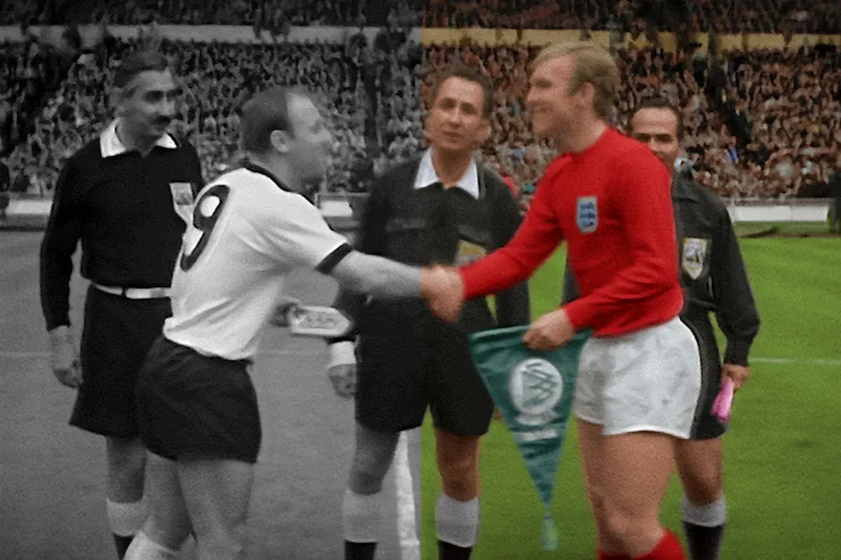 Color broadcast footage shows players competing during the 1966 World Cup Final match.