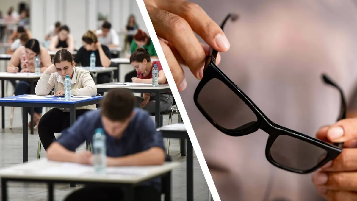 A student wears covert smart glasses during a supervised examination.