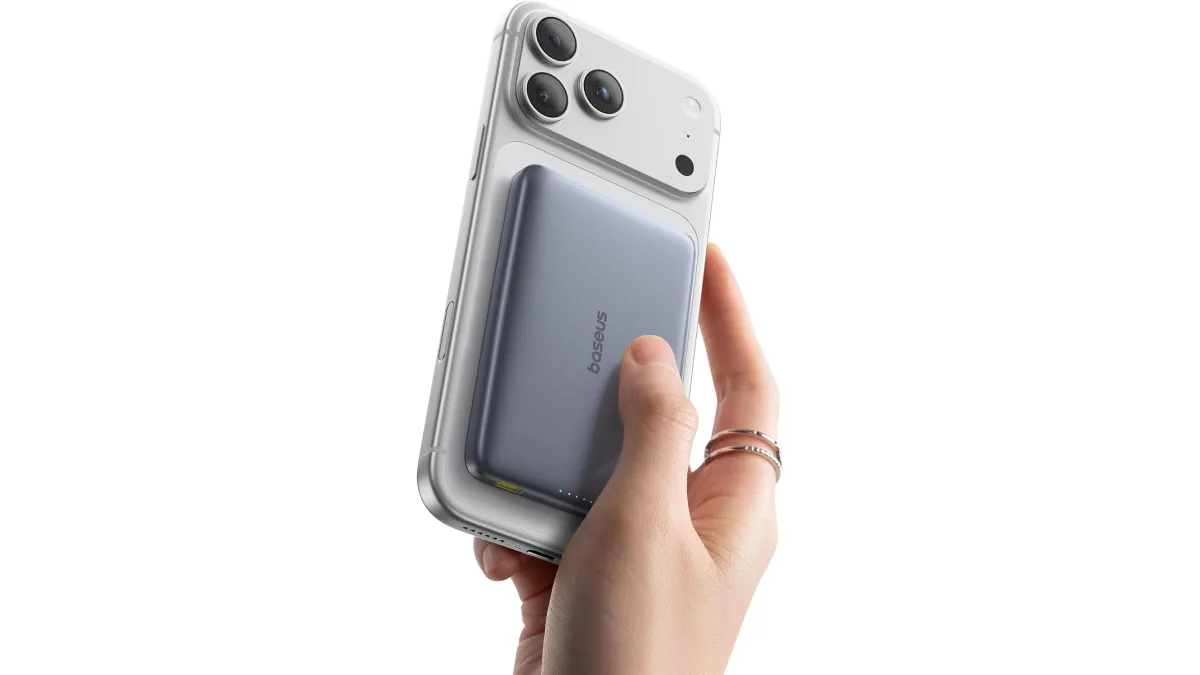 Baseus Picogo Qi2 power bank with a slim profile and magnetic charging attachment.
