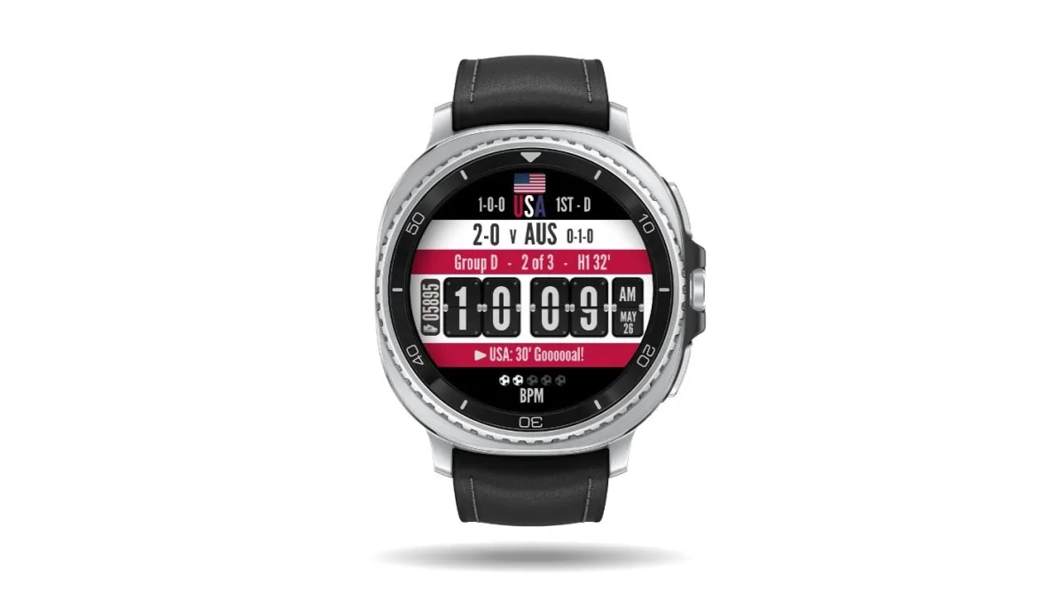 A Wear OS smartwatch displays live World Cup 2026 scores and tournament updates.