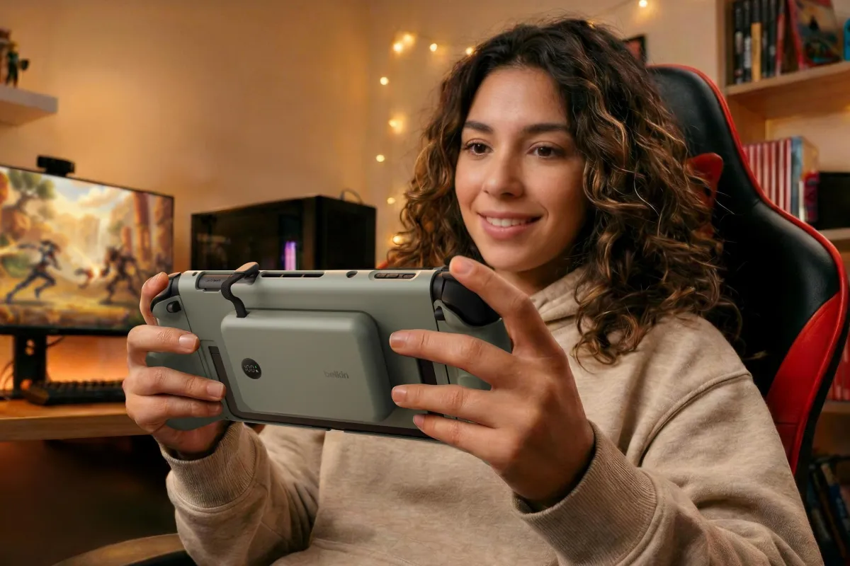 A Belkin charging grip attaches to the rear of a Nintendo Switch 2 console.