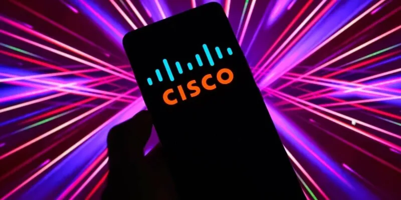 Technical illustration showing Cisco SD-WAN network architecture and security vulnerabilities