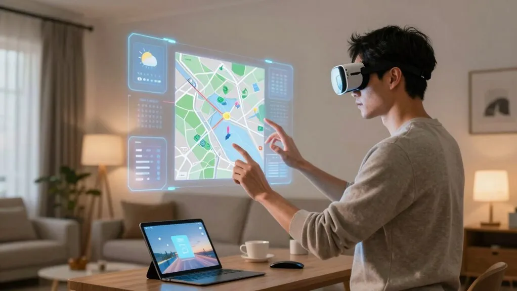 Digital information overlays a physical room through continuous tracking and contextual rendering.