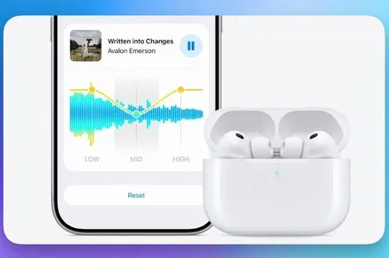 iOS 27 custom equalizer settings interface displaying frequency sliders and a live waveform preview for AirPods.