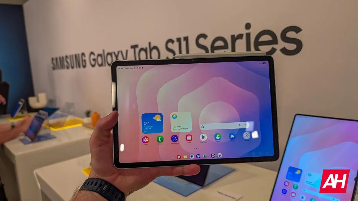 The Samsung Galaxy Tab S12 Ultra tablet is shown in a front view with its screen active.