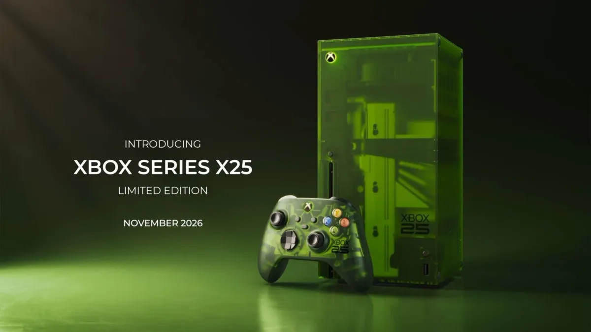 The translucent green Xbox Series X25 console and matching controller expose internal components and anniversary branding.
