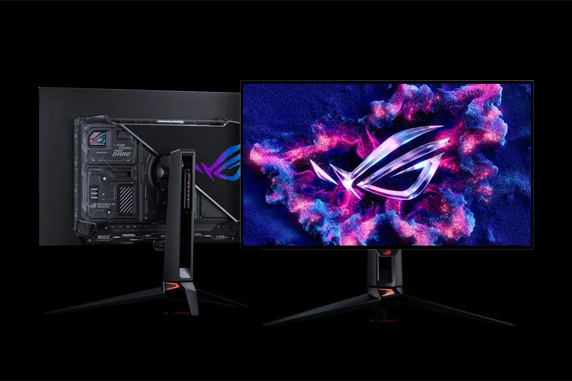 The ASUS ROG Swift OLED monitor features an RGB lighting strip and is displayed at Computex 2026.