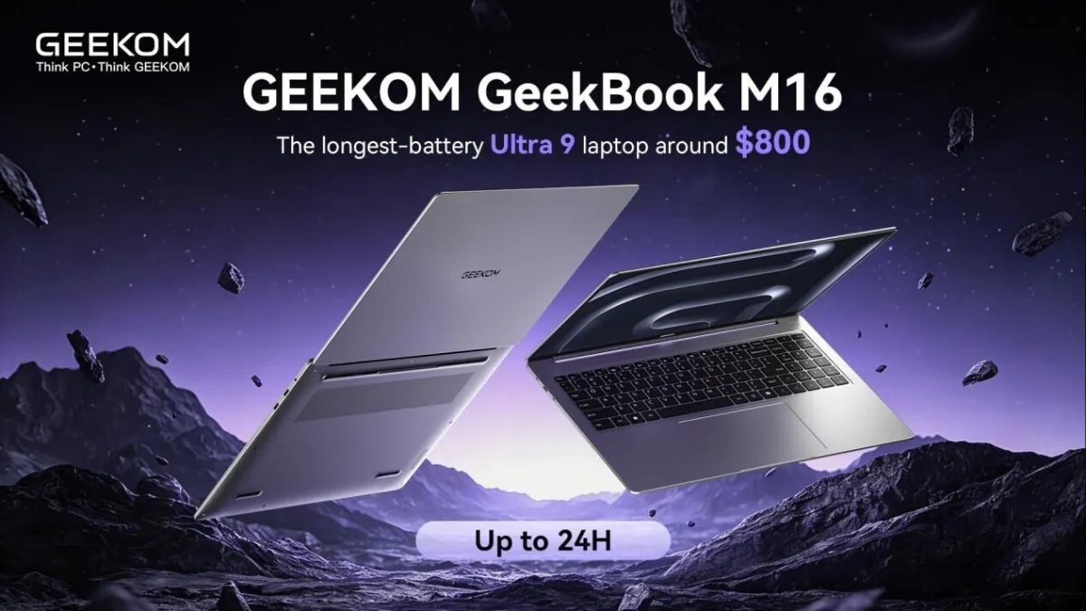 The GeekBook M16 business laptop features a compact chassis and a professional keyboard layout.