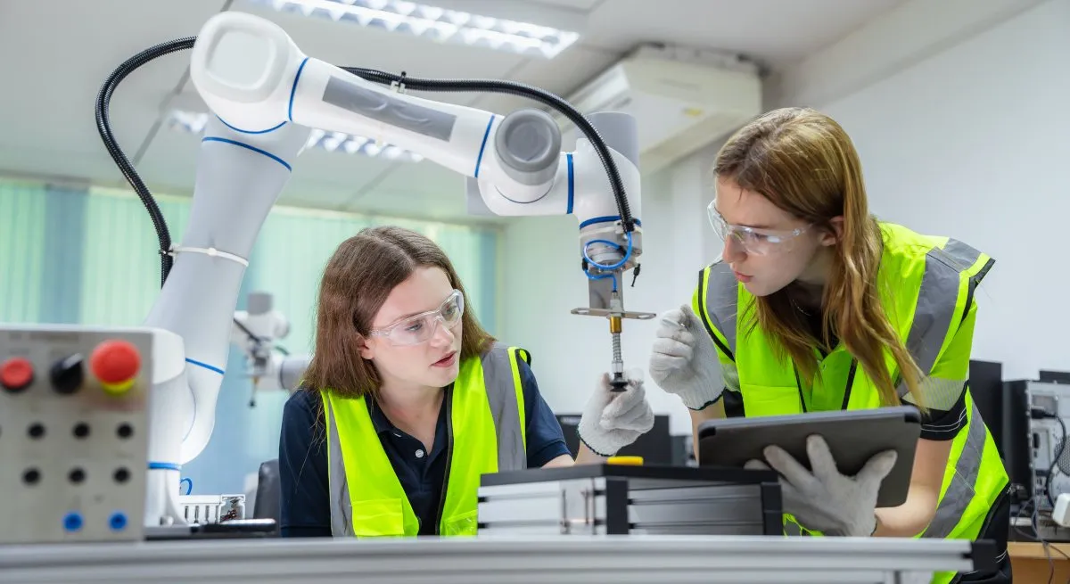 Six women professionals collaborating in a modern industrial setting