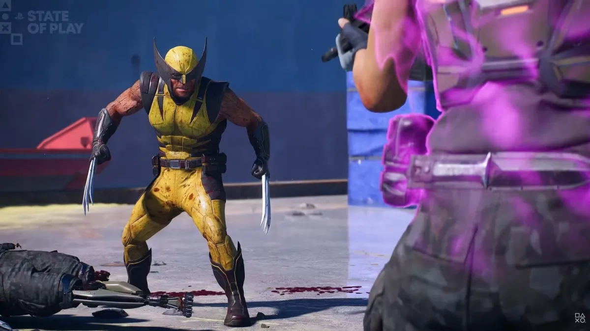 Wolverine traverses a city rooftop during a gameplay sequence that highlights traversal and combat mechanics.