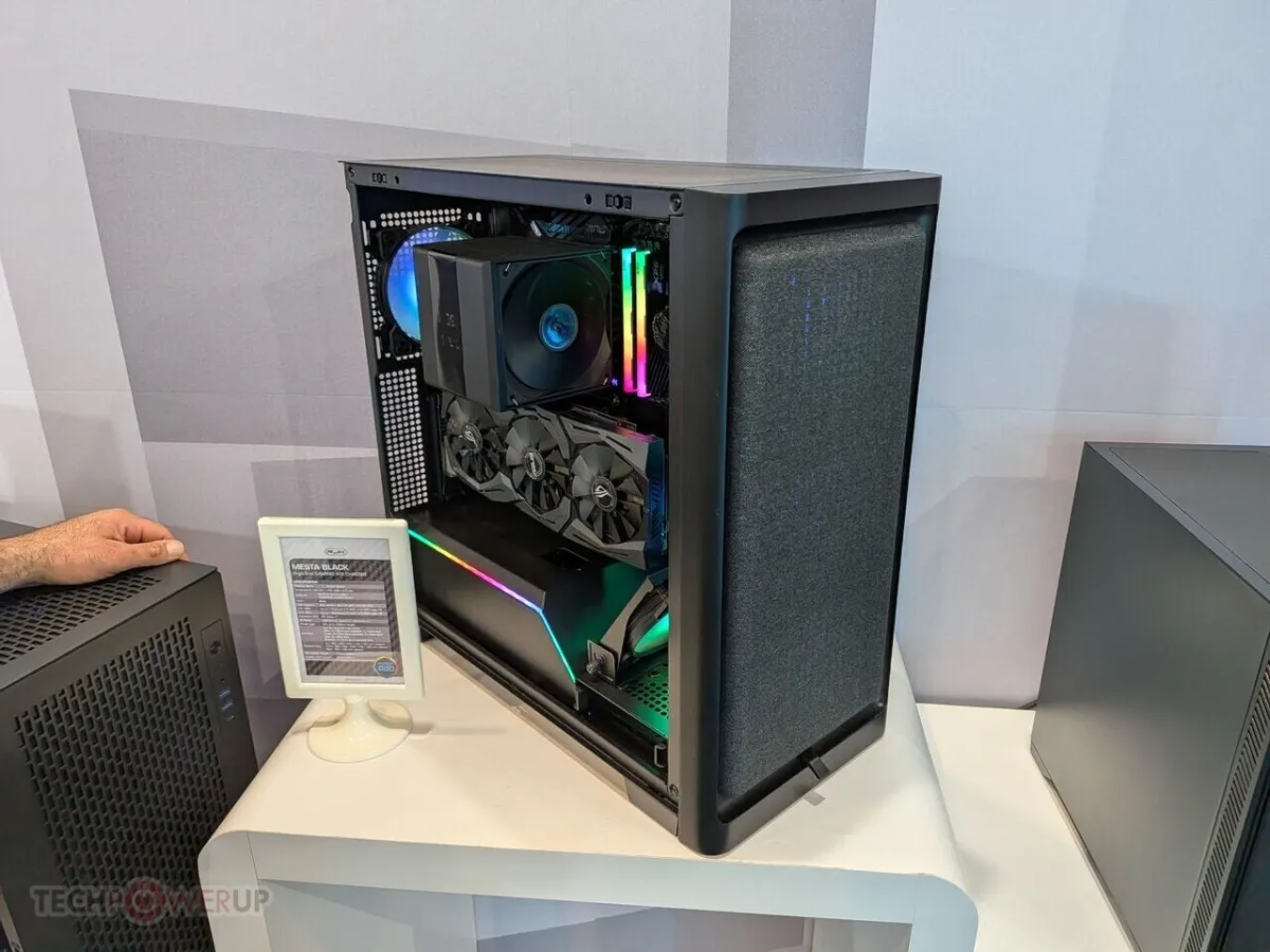 Raijintek Mesta MS and Mesta Black ATX cases at Computex 2026 feature pre-installed fans and 400mm GPU support.