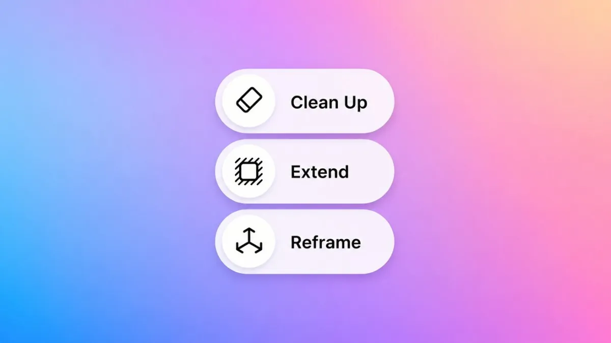 Apple Photos app interface displaying generative editing tools like Extend and Cleanup for image manipulation.